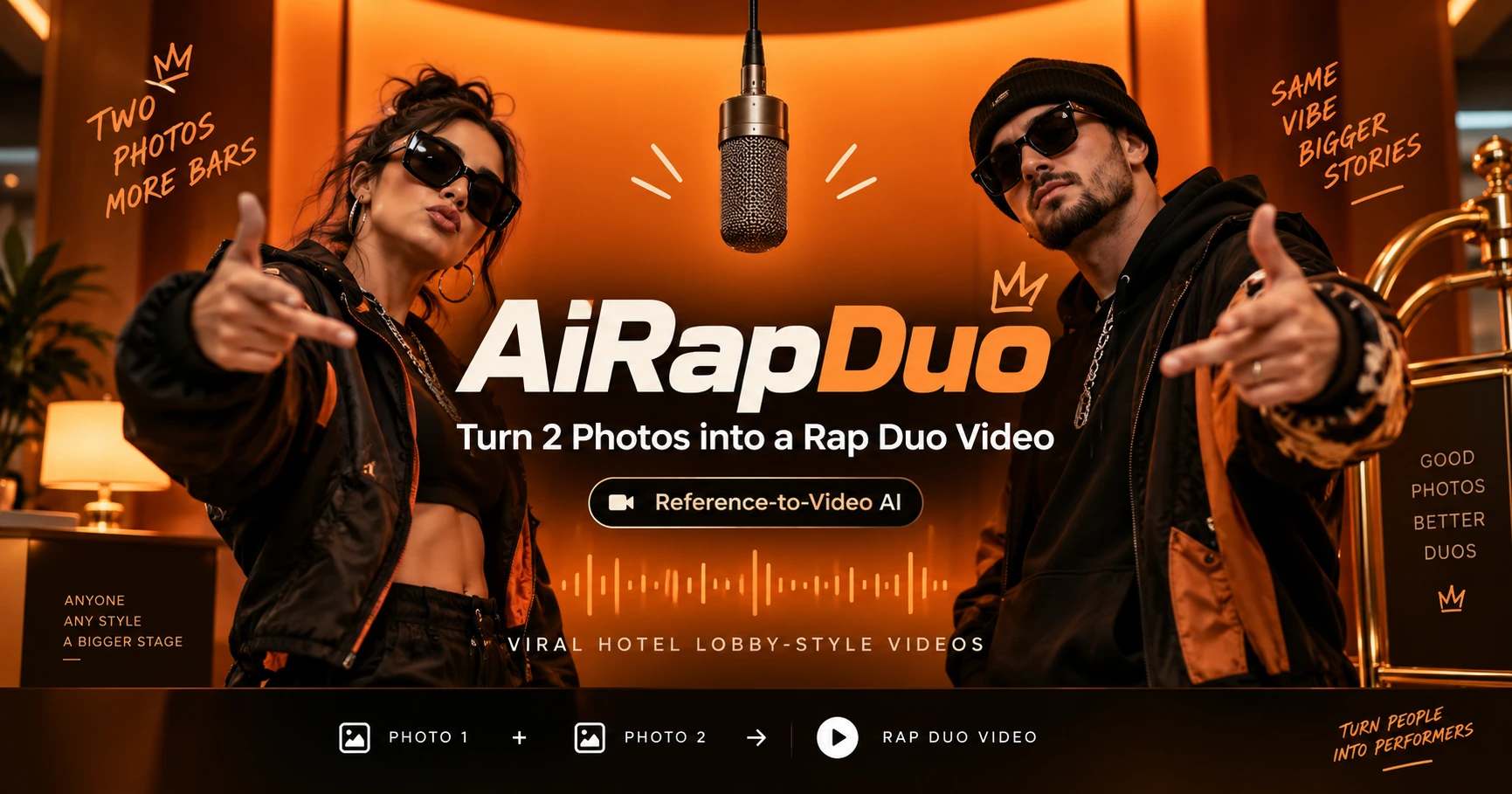 Screenshot of AIRapDuo.com, Turn two photos into a shareable rap duo video